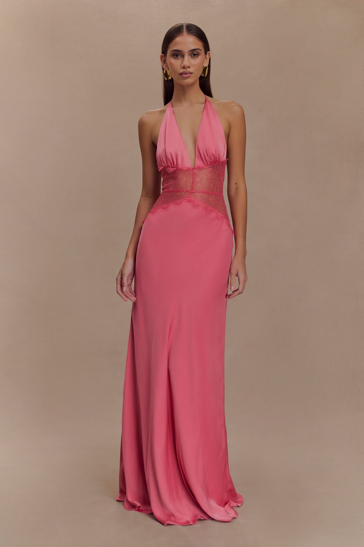 Women's Wedding Guest Halter Plunge Lace Waist Maxi Dress - product image 10