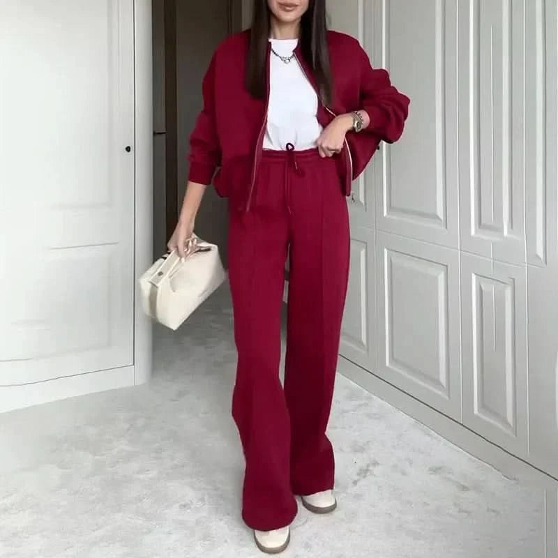 Burgundy red tracksuit with zip jacket and straight-leg pants