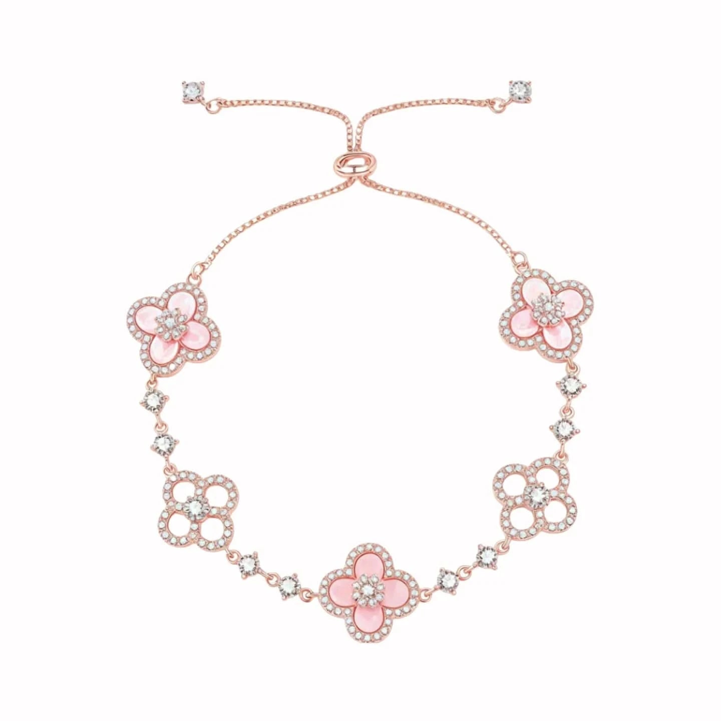 Rose gold adjustable bracelet with pink pearl floral charms and crystal accents for women
