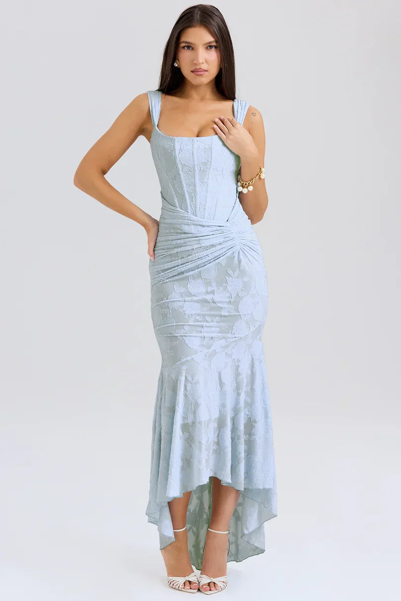 periwinkle wedding guest dress Women's Periwinkle Corset Floral Maxi Dress – Romi Fashion