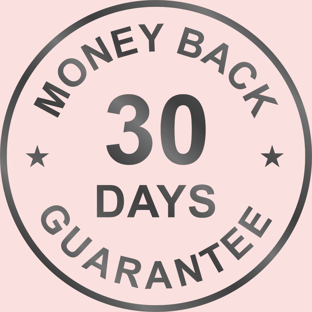 30 day money back guarantee badge with stars on pink background