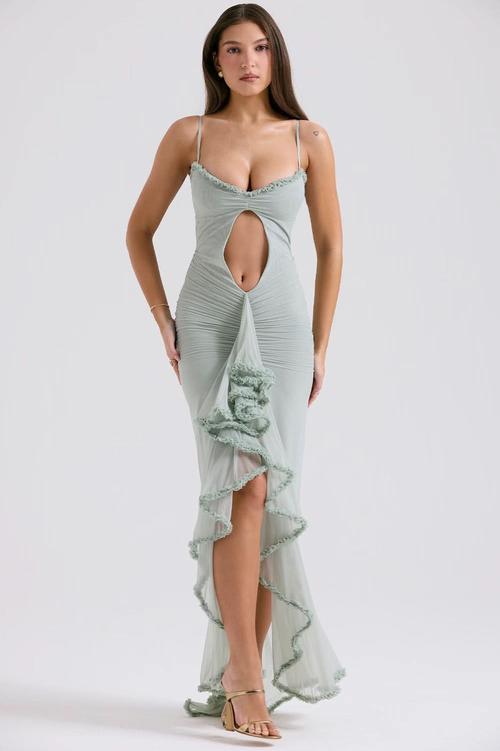 Sage green maxi dress with sweetheart neckline and asymmetrical ruffled train