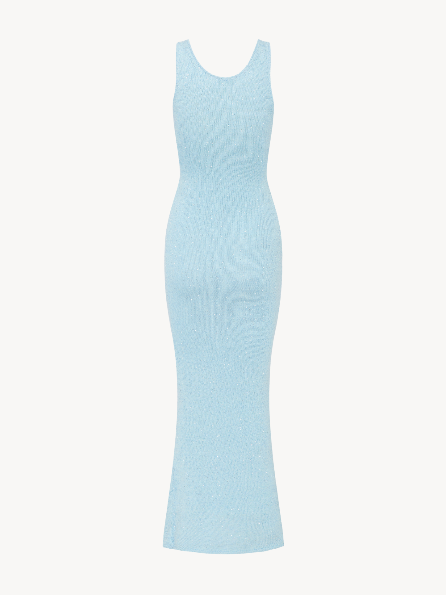 Flat lay back of light blue ribbed knit maxi dress with scoop back