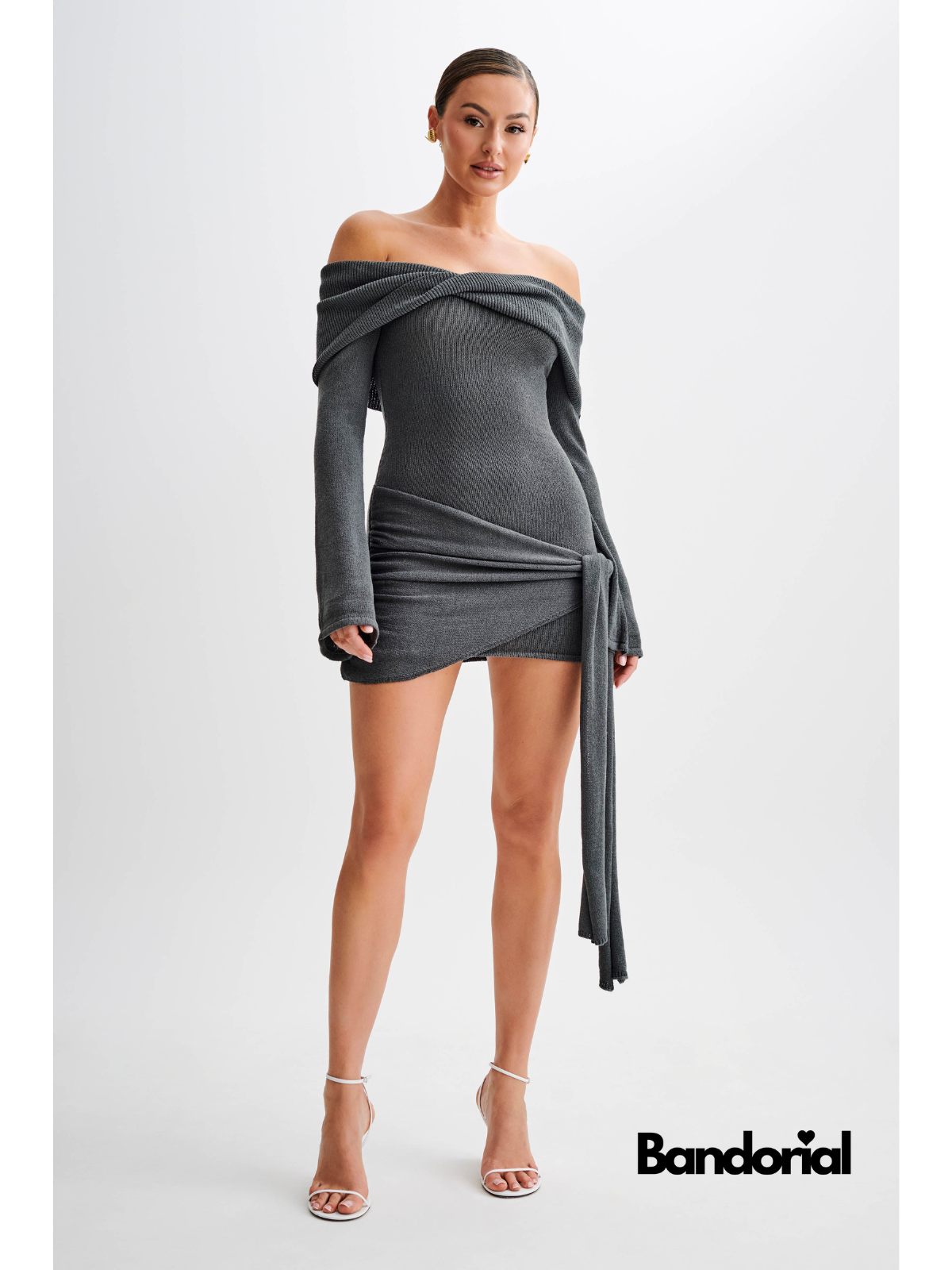 Dark gray off-shoulder mini dress front view with long sleeves and side tie