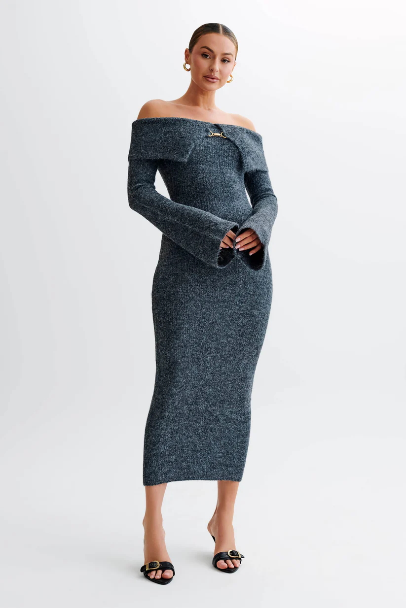 Front view of charcoal gray off-shoulder knit midi dress with ripped sleeve details