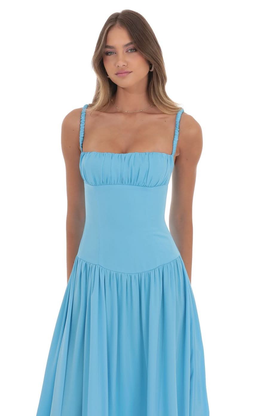 Front close-up of light blue maxi dress with ruched square neckline