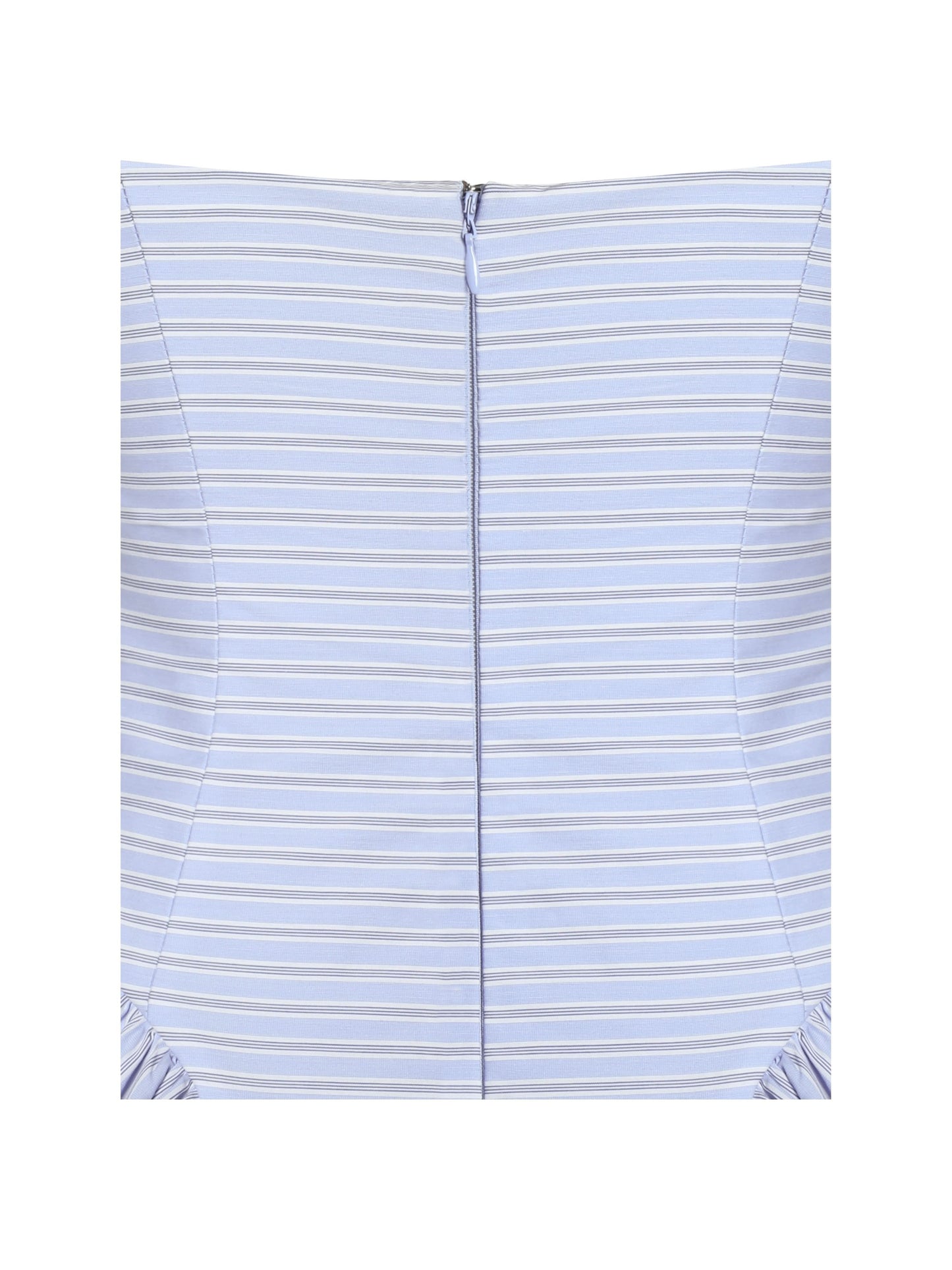 Back seam detail of blue striped mini dress with center zipper closure
