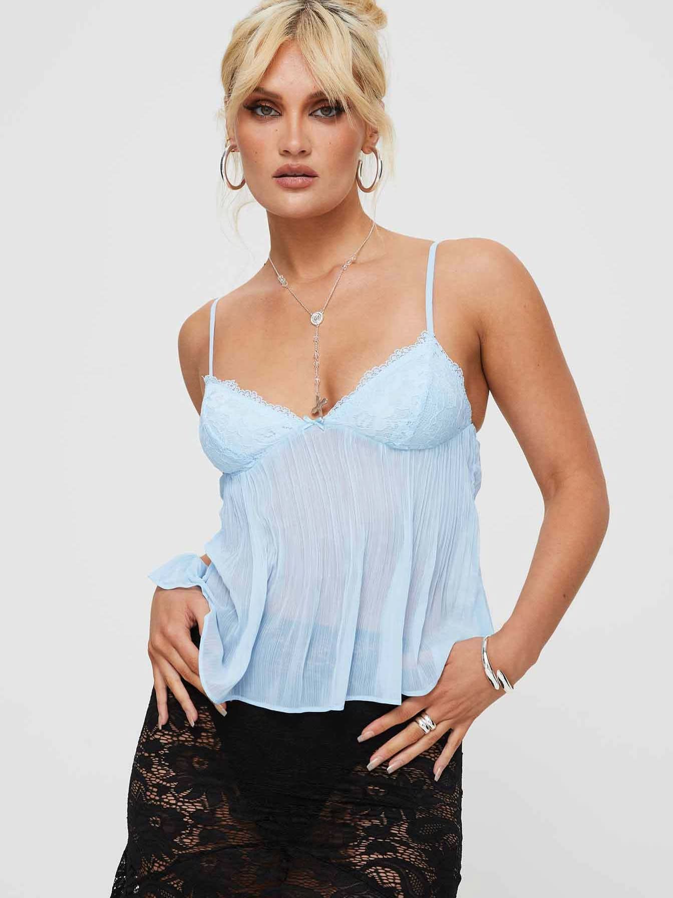 Light blue pleated camisole with lace sweetheart neckline and straps