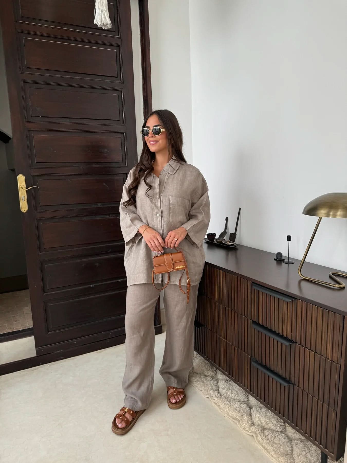 Taupe linen button-up shirt paired with matching linen pants