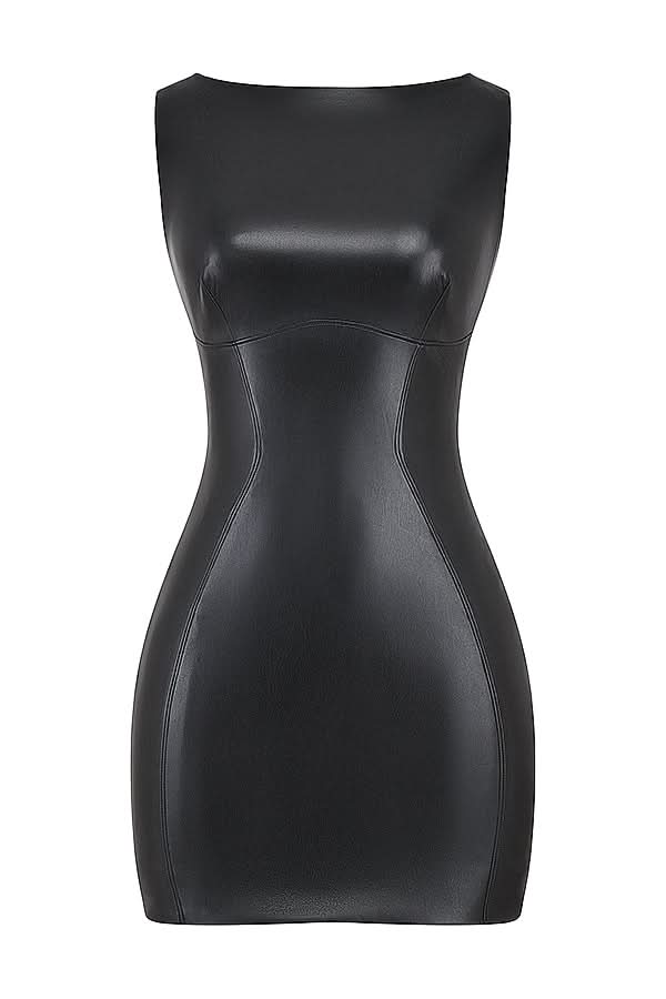 NINA | LEATHER MINI DRESS - Black, front