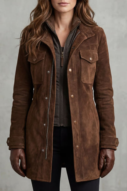 Sabrina Suede Zip Front Utility Button Jacket - Brown