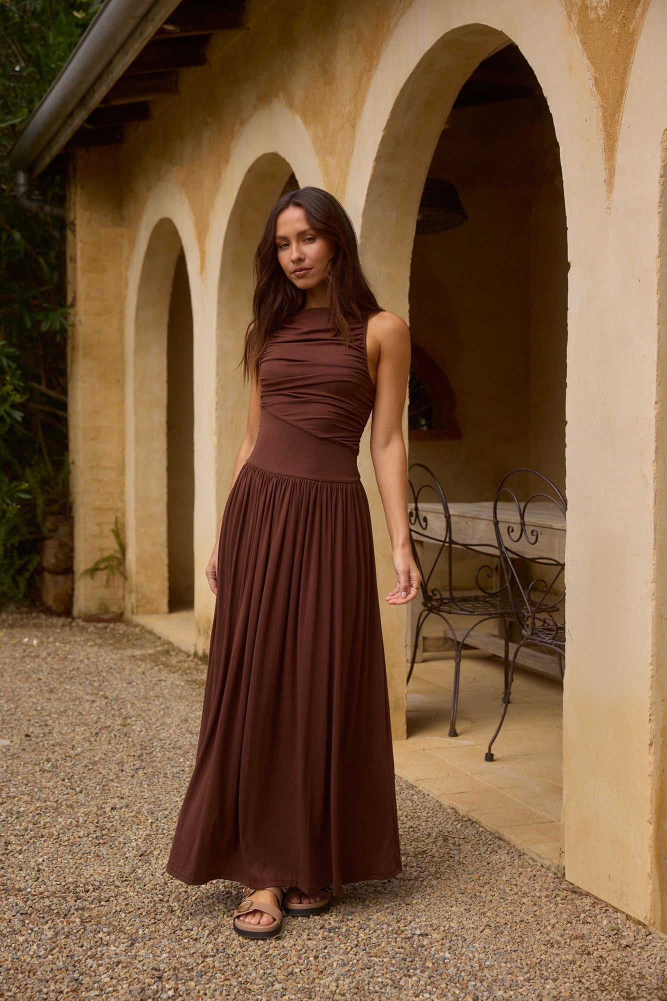 INGRID | RUCHED MAXI DRESS - Brown