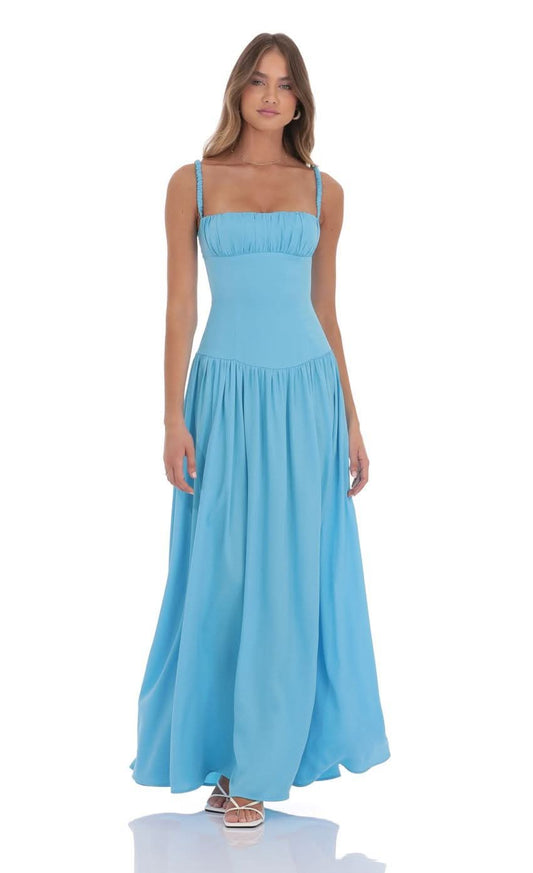 Light blue satin maxi dress with square neckline and gathered bodice