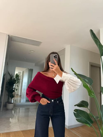 Burgundy and white two-tone sweater with off-shoulder neckline and puffed sleeves