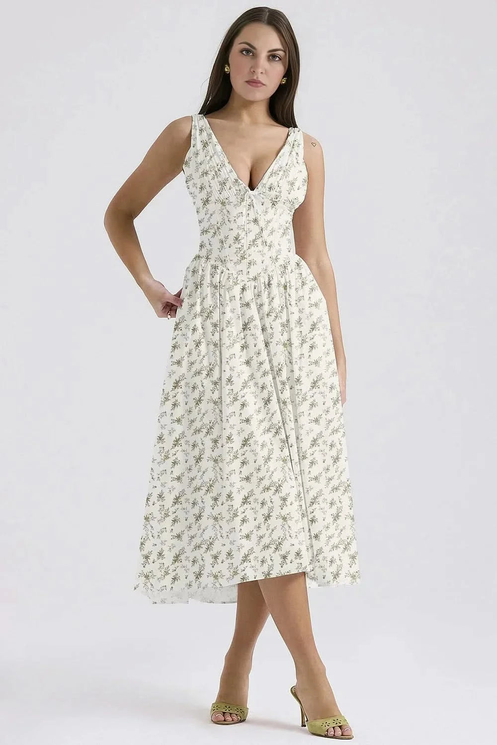 Sage green floral corset midi dress with small botanical print