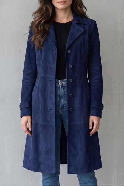 Marloe Suede Longline Coat - Navy