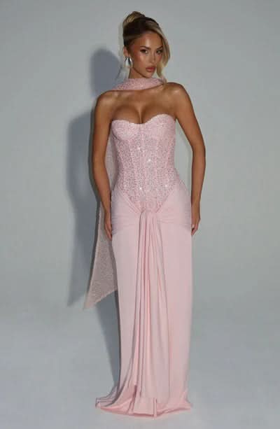 Pink beaded maxi dress back view with draped shawl and open back design