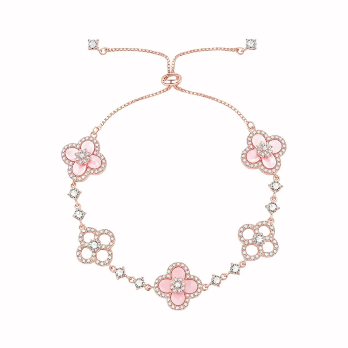 Rose gold adjustable bracelet with pink pearl floral charms and crystal accents for women