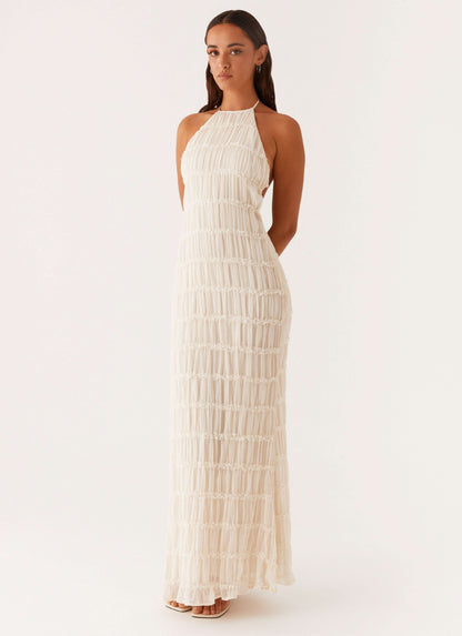 Cream pleated halter maxi dress with front pocket detail