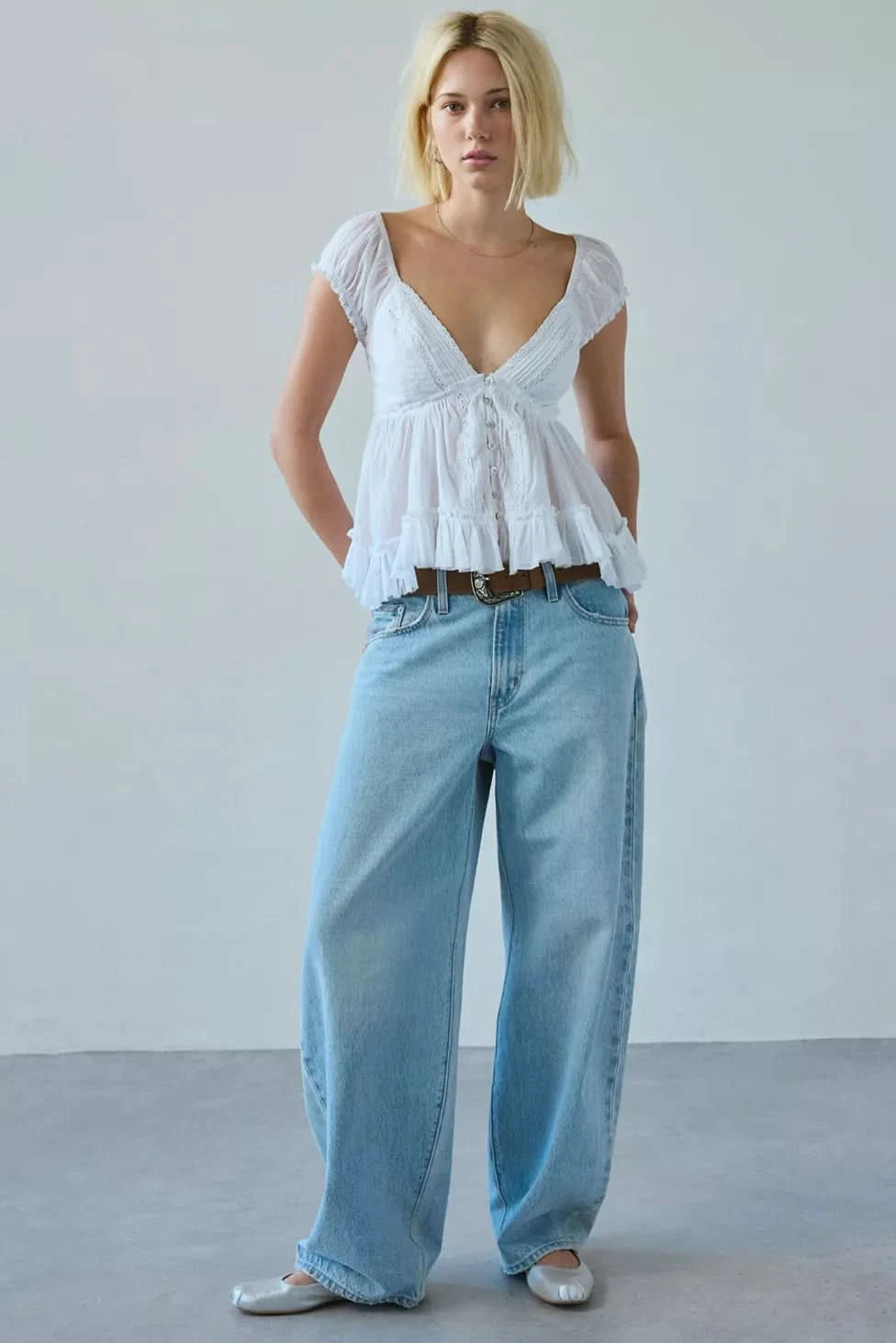 Women's Summer V Neck Puff Sleeve Peplum Blouse Top - product image 1