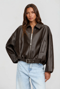Brooke Oversized Belt Leather Jacket - Brown