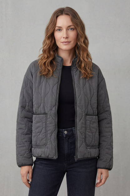 Cavelline High Neck Wave Quilted Zip Up Jacket