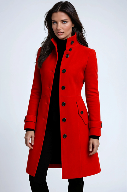 Sandy High Neck Button Long Coat - Red