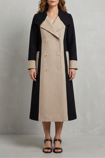 Clara Contrast Double Breasted Tailored Long Coat - Black