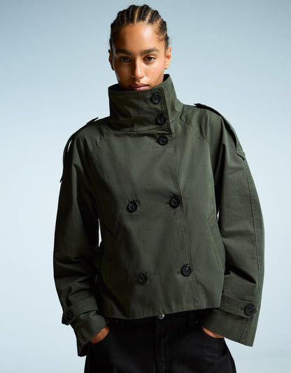 Clara Double Breasted Cropped Trench Coat - Green