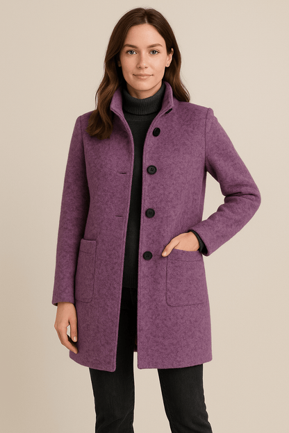 Charlotte High Neck Button Long Coat - Purple