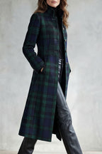 Elenor Tartan High Neck Tailored Long Coat