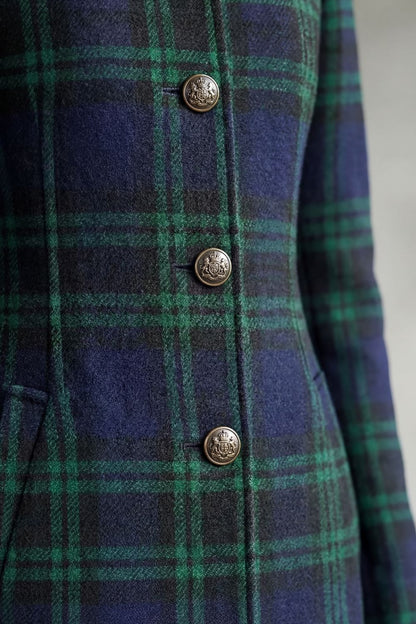 Elenor Tartan High Neck Tailored Long Coat