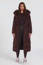 Eliza Faux Fur Hooded Long Puffer Coat - Brown