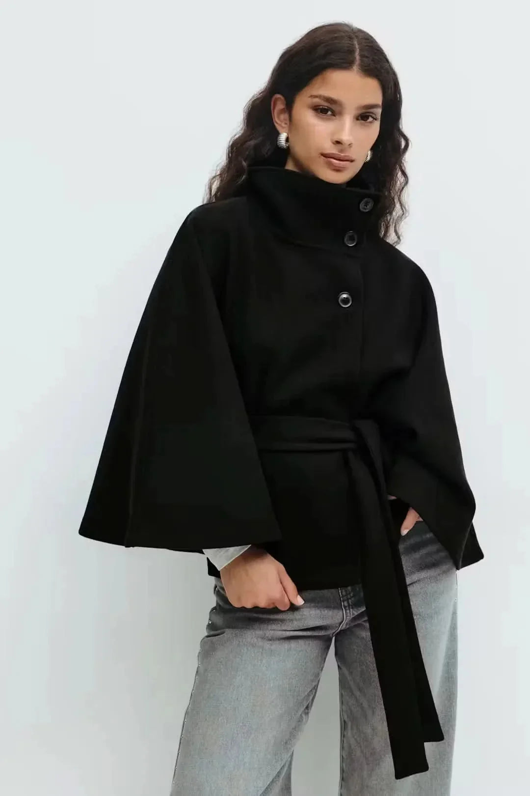 Elsie Belt Cape Jacket - Black