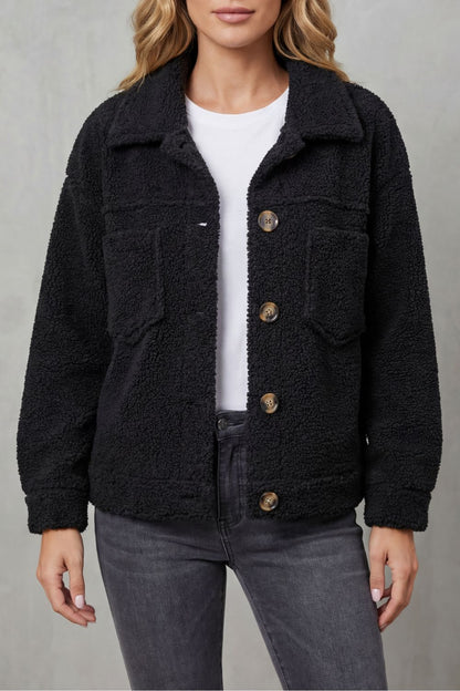 Floretta Teddy Fleece Button Up Jacket - Black