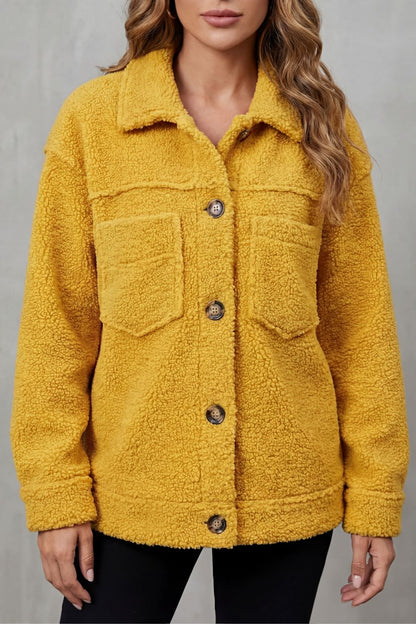 Floretta Teddy Fleece Button Up Jacket - Yellow