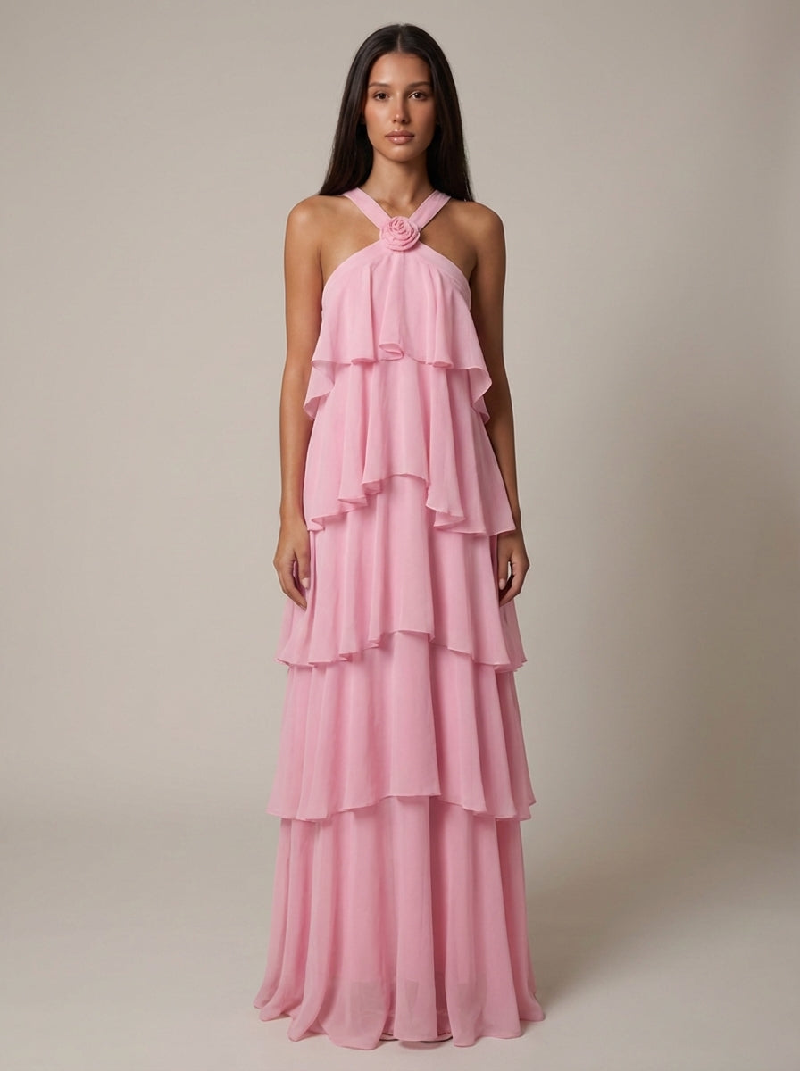 ROSALIND | TIERED HALTER MAXI DRESS - Pink