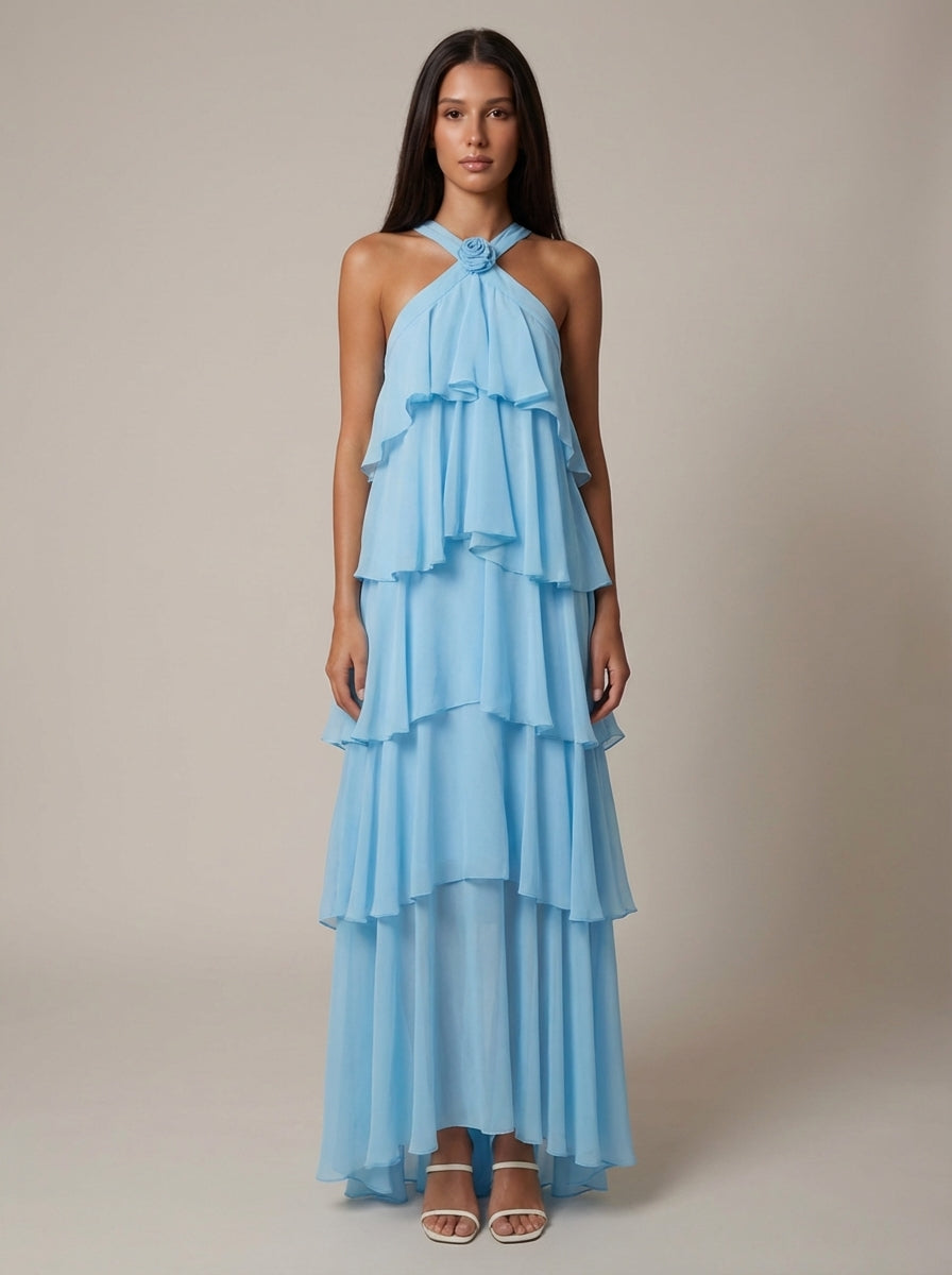 ROSALIND | TIERED HALTER MAXI DRESS - Blue