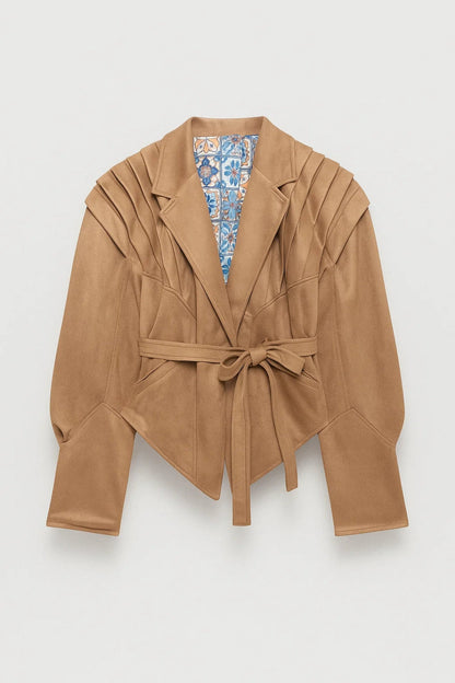 Frederica Belted Pleated Shoulder Tailored Jacket - Beige