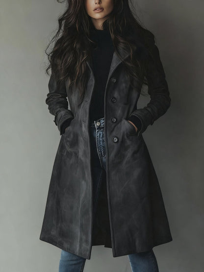 Haley Suede Tailored Button Front Long Coat - Gray