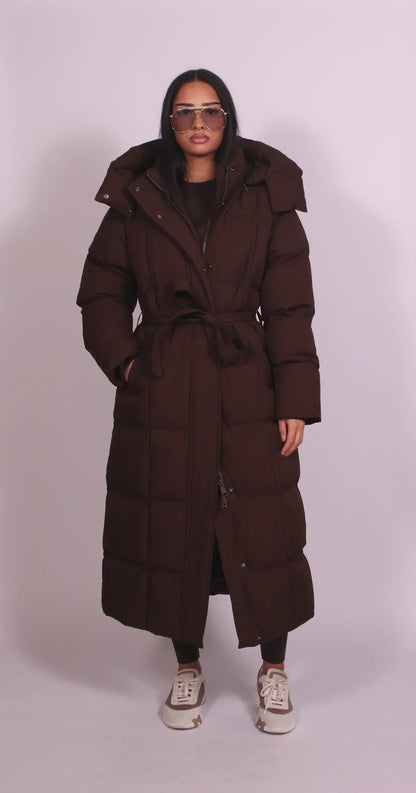 Carmen Long Belted Puffer Coat - Brown