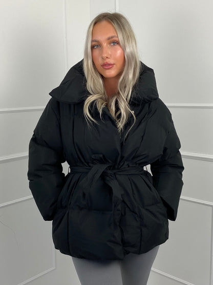 Karly Short Belted Puffer Jacket - Black