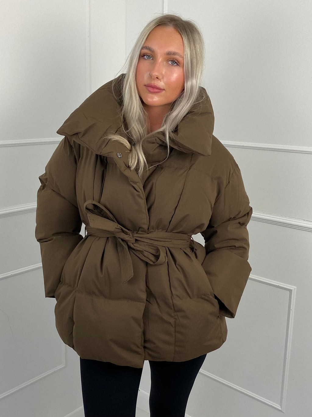 Karly Short Belted Puffer Jacket - Brown