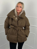 Karly Short Belted Puffer Jacket - Brown