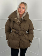 Karly Short Belted Puffer Jacket - Brown