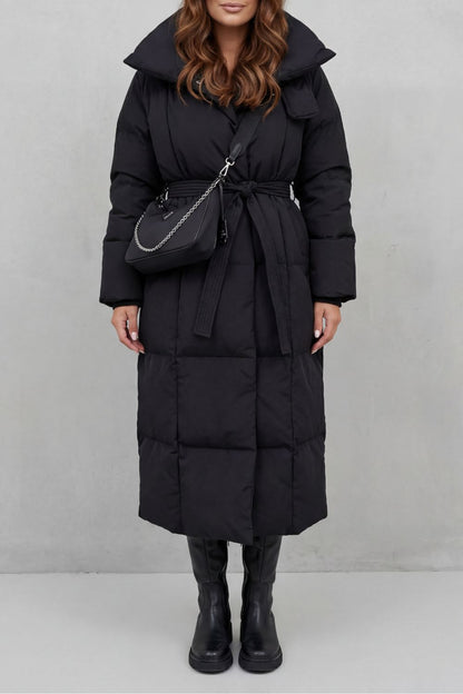 Lilian Belted Hooded Longline Puffer Coat - Black