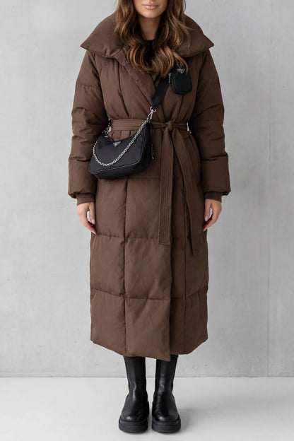 Lilian Belted Hooded Longline Puffer Coat - Brown