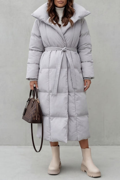 Lilian Belted Hooded Longline Puffer Coat - Gray