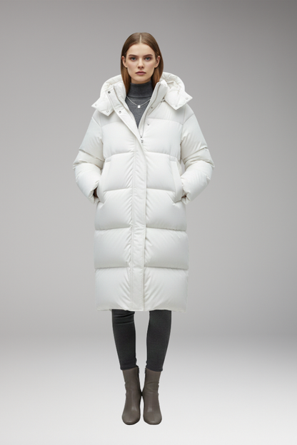Mabel Long Quilted Hooded Puffer Jacket - White