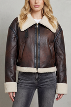 Magen Shearling Trim Cropped Aviator Jacket - Brown